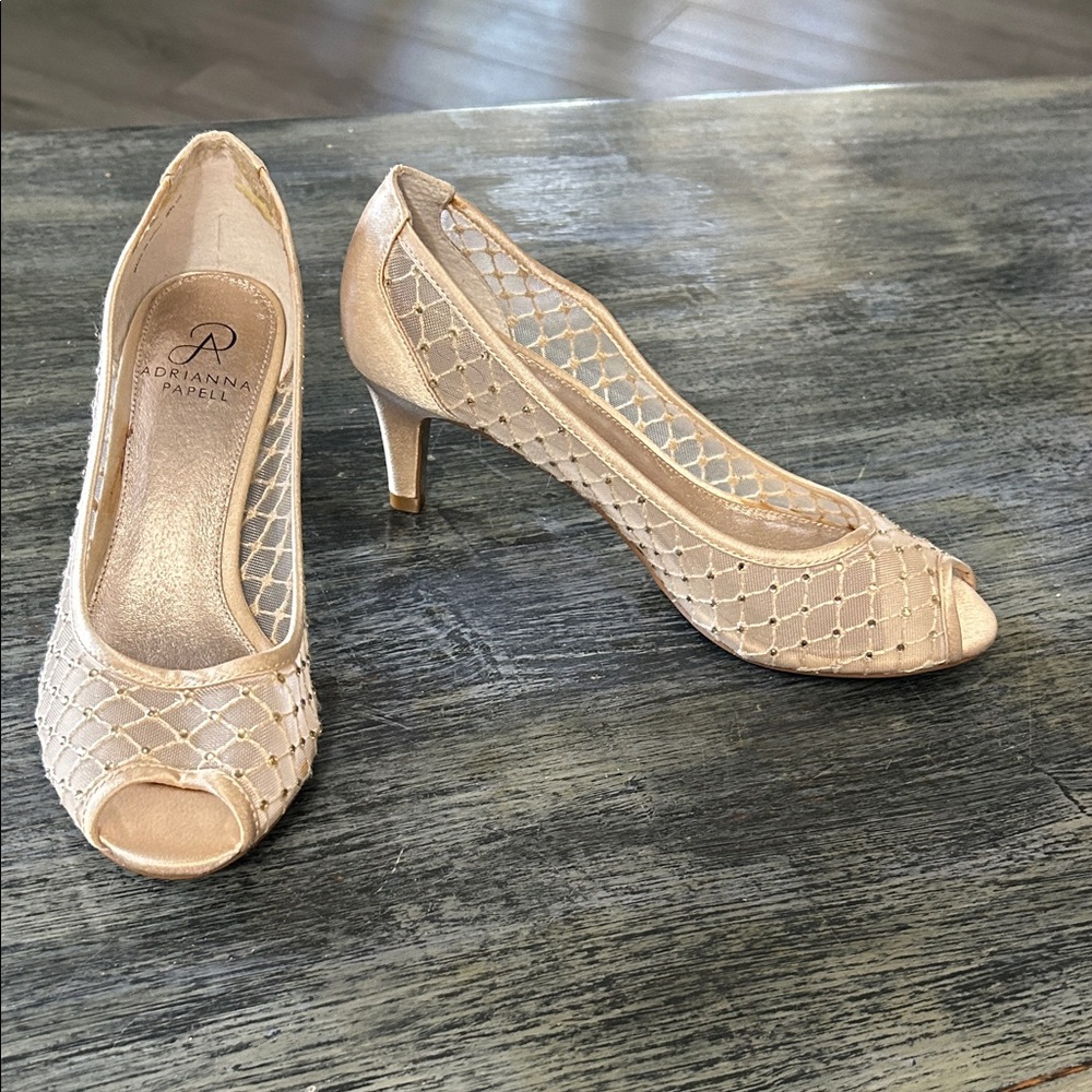 Adrianna Papell Champagne Mesh Peep-Toe Heels